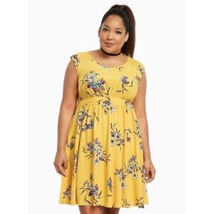 Mustard Floral Print Challis Open Back Dress